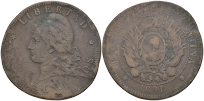 Аргентина 2 сентаво 1891 голова свободы влево KM 8 бронза 63-522