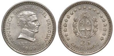 Уругвай 25 сентесимо 1960 KM 40 медно-никель 4169-913