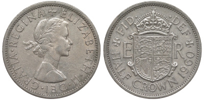 Великобритания 1/2 кроны 1960 Елизавета II (1952-2022) KM 907, Spink 4145 медно-никель 4131-635