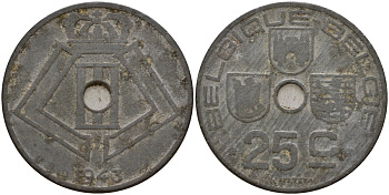 Бельгия 25 сантимов 1943 Belgique - Belgie, Леопольд III (1934-1947), германская оккупация, Вторая мировая война KM 131 цинк 4157-442