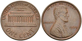 США 1 цент 1969 Линкольн KM 201 медь цинк 4564-449