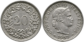Швейцария 20 раппенов 1957 В KM 29а медно-никель 4539-556