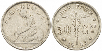 БЕЛЬГИЯ 50 САНТИМОВ 1933 BELGIQUE KM 87 никель 261-1643
