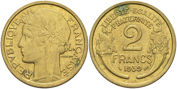 ФРАНЦИЯ 2 ФРАНКА 1939 ТИП MORLON KM 886, LE FRANC 268.12 алюминиевая бронза 3855-136