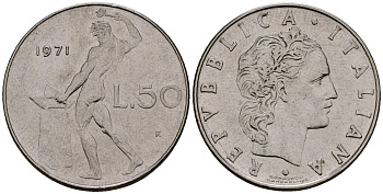 Италия 50 лир 1971 KM 95.1 нержавеющая сталь 4176-236