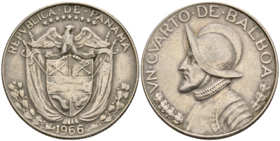 Панама 1/4 бальбоа 1966 Васко Нуньес де Бальбоа KM 11а медь плакированная медно-никелем    4603-211