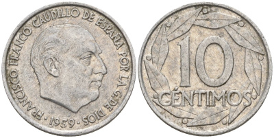 Испания 10 сентимо 1959 Франсиско Франко (1939-1975) KM 790 алюминий 4154-512
