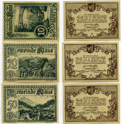 Австрия, Клаус набор из 3 банкнот 10, 20, 50 геллеров 1920 27 марта 1920, нотгельд, коммуна в земле Форарльберг   бумага  UNC (пресс) 7555-26-1-1