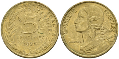 Франция 5 сантимов 1981 KM 933 алюминиевая бронза 4152-433