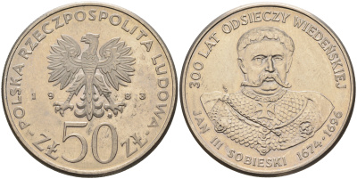 Польша 50 злотых 1983 MW, серия Польские короли, Ян III Собеский (1674-1696) KM 145, ParchImowicz 265 медно-никель  UNC  4149-145