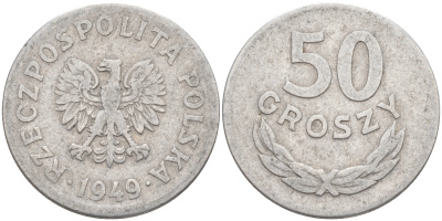 Польша 50 грошей 1949 KM 44а, Parchimowicz 209b алюминий 106-511