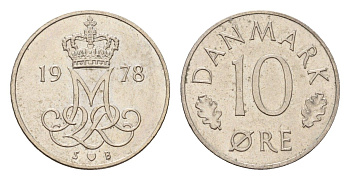 Дания 10 эре 1978 S; B, Маргрете II (1972-2024) KM 860 медно-никель UNC 4617-1126