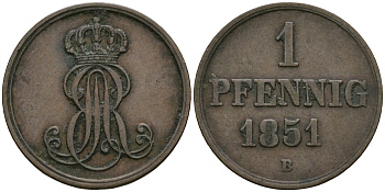 Ганновер 1 пфенниг 1851 B, Эрнст Август (1837-1851) KM 201.1, AKS 129, J. 74 медь 4608-1112