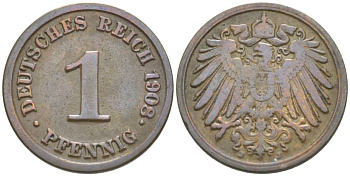 ГЕРМАНИЯ 1 ПФЕННИГ 1908 G KM 10, Jager. 10, Weege 2 медь 4528-1253
