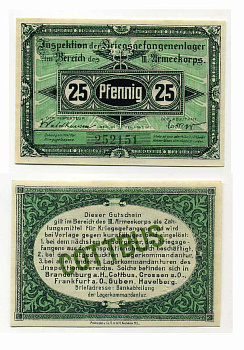 Германия 25 пфеннигов 1917 инспекция лагерей военнопленных в Котбусе, III-ий Армейский корпус C-2835 бумага UNC (пресс) 504-80-2-1