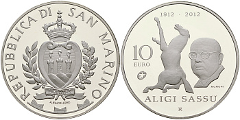 Сан-Марино 10 евро 2012 100 лет со дня рождения архитектора Алиджи Сассу, коробка, сертификат, SM 161 серебро PROOF 2-5-2-7