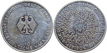 ФРГ 10 марок 1999 D, 50 лет конституции ФРГ KM 196 серебро aUNC 1520-1514