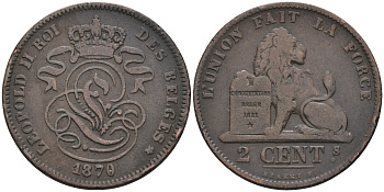 БЕЛЬГИЯ 2 САНТИМА 1870 BELGES KM 35.1 медь 4589-736