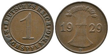 ГЕРМАНИЯ 1 РЕЙХСПФЕННИГ 1929 D KM 37, J. 313 бронза 4380-1165