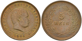 Португалия 5 реалов (рейсов) 1906 Карлуш I (1889-1908) KM 530 бронза 4584-1152