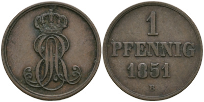 Ганновер 1 пфенниг 1851 B, Эрнст Август (1837-1851) KM 201.1, AKS 129, J. 74 медь 4608-1112