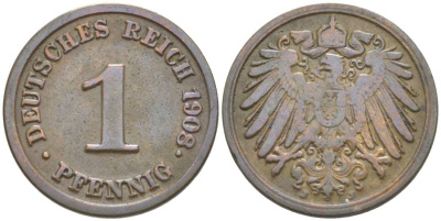 ГЕРМАНИЯ 1 ПФЕННИГ 1908 G KM 10, Jager. 10, Weege 2 медь 4528-1253