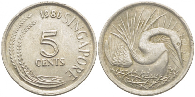 Сингапур 5 центов 1980 большая белая цапля KM 2 медно-никель 105-1247