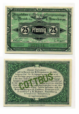 Германия 25 пфеннигов 1917 инспекция лагерей военнопленных в Котбусе, III-ий Армейский корпус C-2835 бумага UNC (пресс) 504-80-2-1