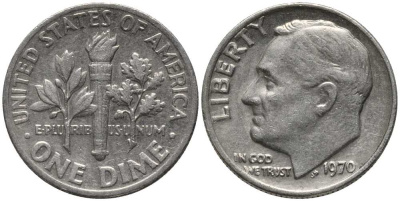 США 10 ЦЕНТОВ = 1 ДАЙМ 1970 РУЗВЕЛЬТ KM 195а медь плакированная медно-никелем 112-635