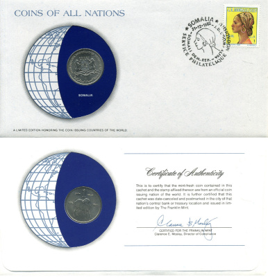 СОМАЛИ 1 ШИЛЛИНГ 1976 FAO, КОНВЕРТ С МАРКОЙ ПЕРВОГО ДНЯ ГАШЕНИЯ, COINS OF NATIONS KM 27 медно-никель UNC 4294-56-3