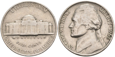 США 5 центов 1962 Джефферсон KM А192 медно-никель 92-1047