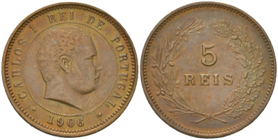 Португалия 5 реалов (рейсов) 1906 Карлуш I (1889-1908) KM 530 бронза 4584-1152