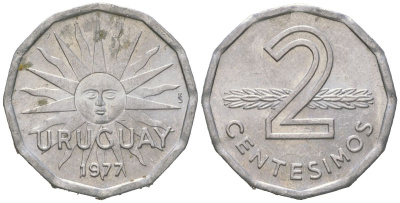 Уругвай 2 сентесимо 1977 KM 72 алюминий aUNC 4615-117