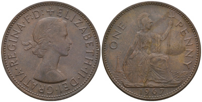 Великобритания 1 пенни 1967 Елизавета II (1952-2022) KM 897, Spink 4157 бронза 4607-1135
