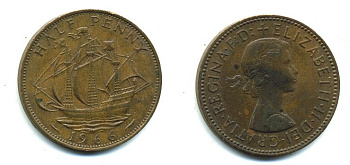 Великобритания 1/2 пенни 1966 Елизавета II (1952-2022) KM 896, Spink 4158 бронза 56-1046
