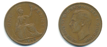 Великобритания 1 пенни 1946 Георг VI (1936-1952) KM 845, Spink 4114 бронза 89-226