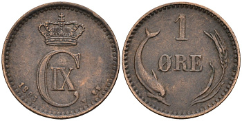 Дания 1 эре 1883 Кристиан IX (1873-1906), дельфин KM 792 бронза 4585-747