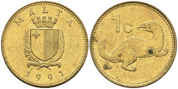 Мальта 1 цент 1991 ласка, горностай KM 93 никель латунь 4585-1215