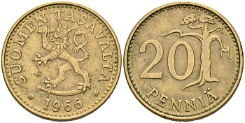 ФИНЛЯНДИЯ 20 ПЕННИ 1966 S KM 47 алюминиевая бронза 4563-312