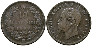 ИТАЛИЯ 10 ЧЕНТЕЗИМО 1866 OM, ВИКТОР ЭММАНУИЛ II (1861-1878) KM 11.5 медь 4381-133