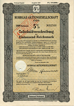 Германия 1000 рейхсмарок 1939 Акционерное общество Рургас Эссен, 5% -ное частичное долговое обязательство с маркой конвертации под 4% -ную процентную ставку, облигация   бумага   8804-21-1