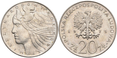 Польша 20 злотых 1975 MW, Международный год женщины KM 75, Parchimowicz 248 медно-никель 4531-1236
