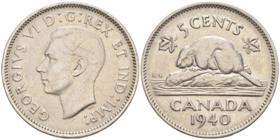 Канада 5 центов 1940 бобр, Георг VI (1937-1952) KM 33 никель 73-1143