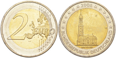 ФРГ 2 евро 2008 F, серия федеральные земли, церковь Св. Михаила в Гамбурге KM 261 биметалл UNC 4111-811