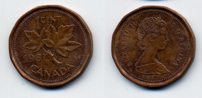 Канада 1 цент 1987 Елизавета II (1952-2022), кленовый лист KM 132 бронза 54-111