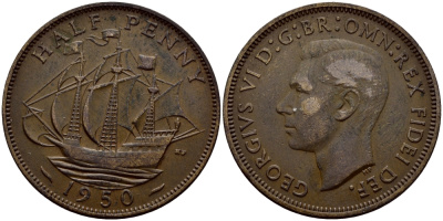 Великобритания 1/2 пенни 1950 Георг VI (1936-1952) KM 868, Spink 4118 бронза 62-1152