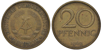 ГДР 20 пфеннигов 1969 А, первый год KM 11 латунь 62-1034