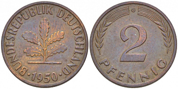 ФРГ 2 ПФЕННИГА 1950 G KM 106, J. 381 бронза 3955-615