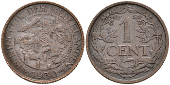 Нидерланды 1 цент 1930 Вильгельмина (1890-1948) KM 152 бронза 4576-742