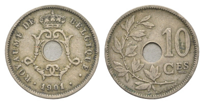 Бельгия 10 сантимов 1901 Belgique, Леопольд I (1865-1909) KM 48 медно-никель 4615-923